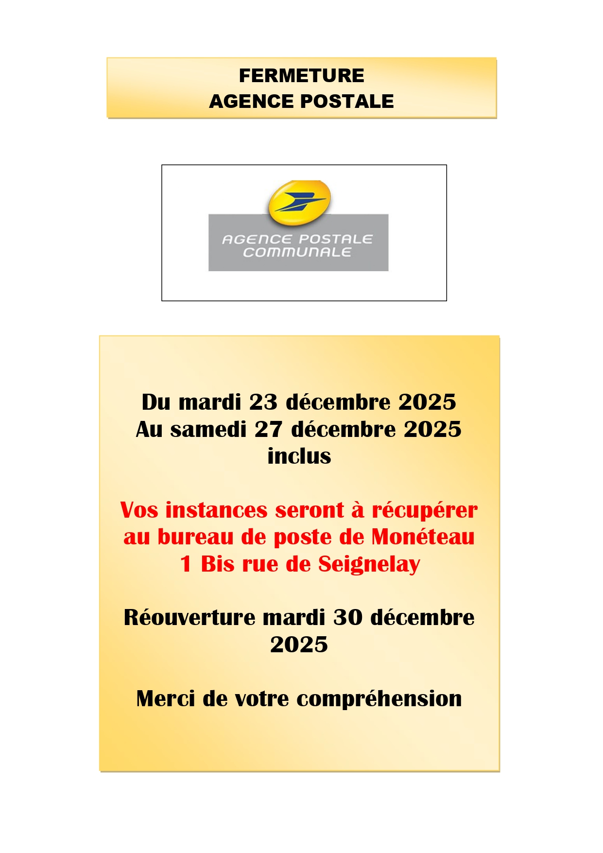 Fermeture agence postale communale du 23 au 27 décembre 2025 inclus